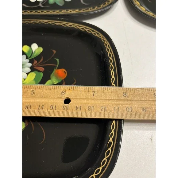 5 Vintage Zhostovo Soviet Russian Hand Painted Flowers Toleware Trays Yeha 8x6” - Picture 7 of 15